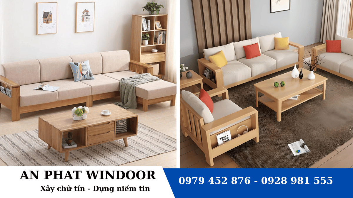 Mẫu b&agrave;n ghế gỗ kết hợp sofa ph&ograve;ng kh&aacute;ch