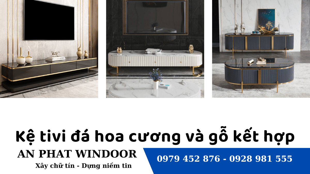 Mẫu tủ tivi bằng đ&aacute; hoa cương v&agrave; gỗ kết hợp