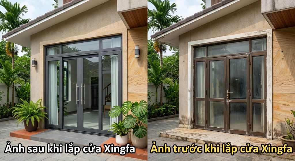 Hinh anh truoc va sau khi thi cong nhom kinh Xingfa