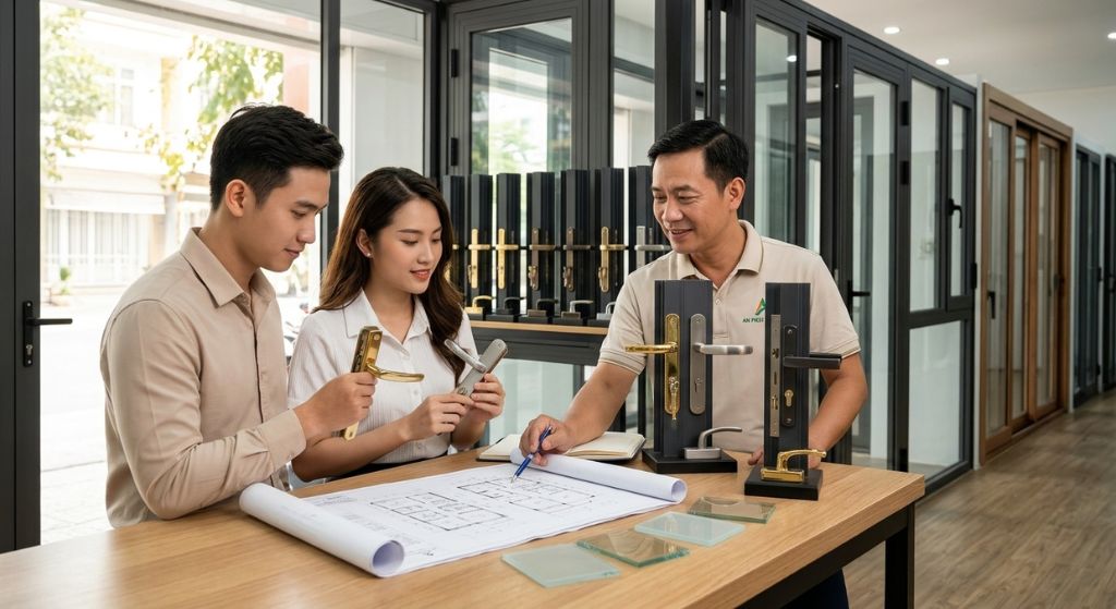 Khach hang xem mau va lua chon phu kien cho cua nhom kinh Xingfa anh minh hoa