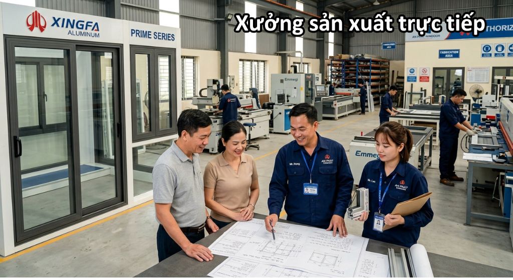 Xưởng sản xuất trực tiếp tại Hà Nội với nhiều máy móc hiện đại, giúp cửa nhôm kính Xingfa thi công hoàn thiện đẹp và giá rẻ