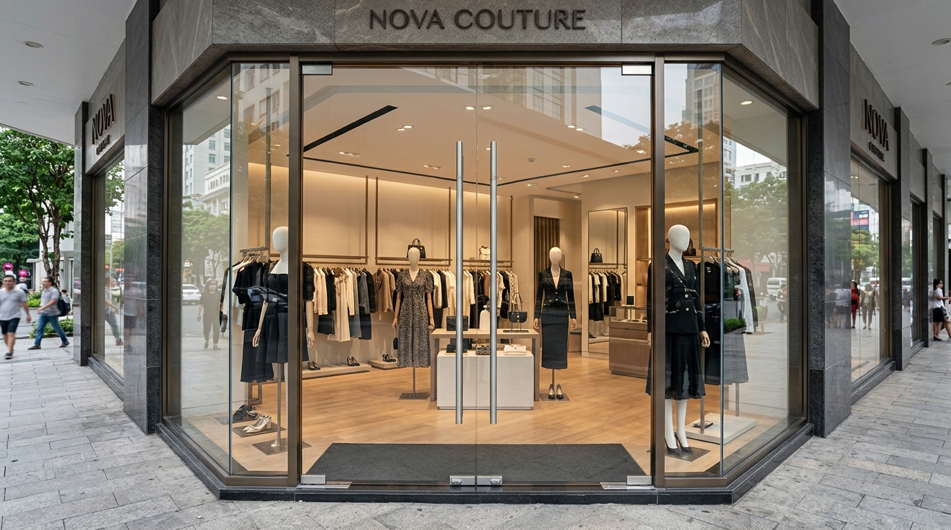 Mẫu cửa kính bản lề sàn 2 cánh cho mặt tiền shop thời trang