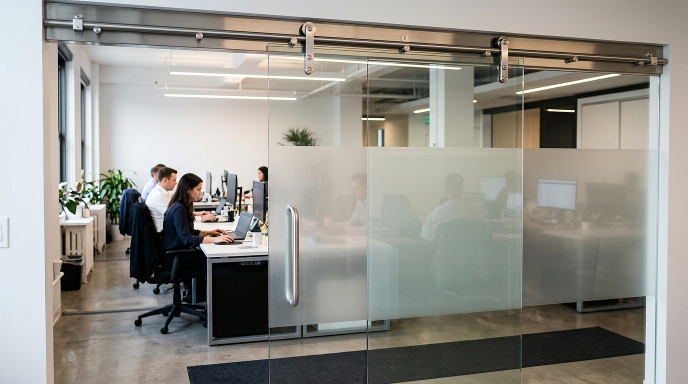 Cửa kính cường lực lùa treo ray inox trong văn phòng