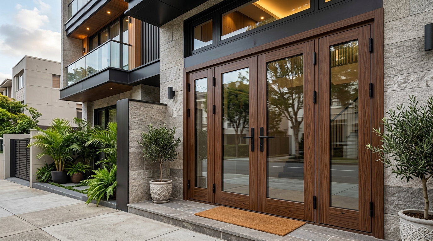 Mẫu cửa nhôm vân gỗ 4 cánh mở quay đẹp cho mặt tiền phòng khách