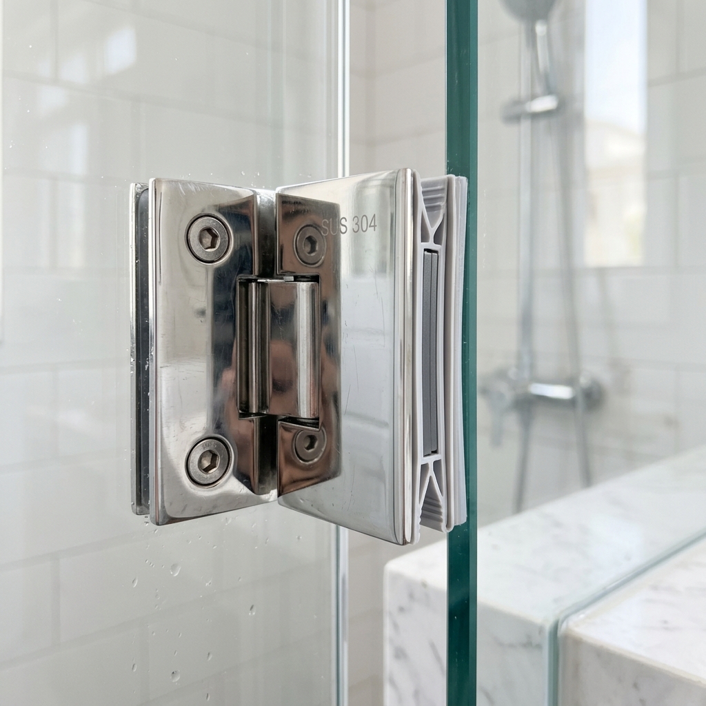 Chi tiết phụ kiện bản lề Inox 304 và gioăng từ chống tràn nước cho vách kính