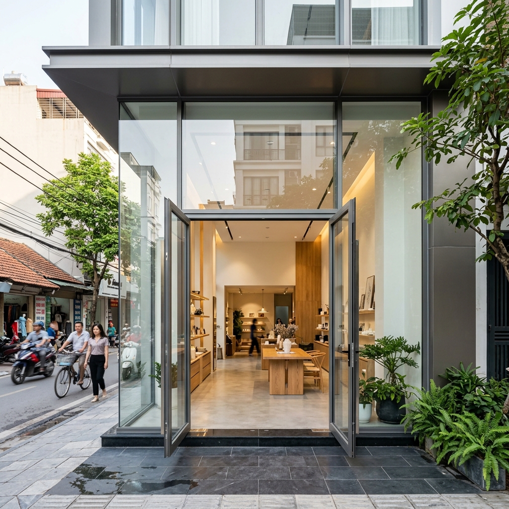 Mặt tiền showroom lắp cửa kính cường lực sang trọng