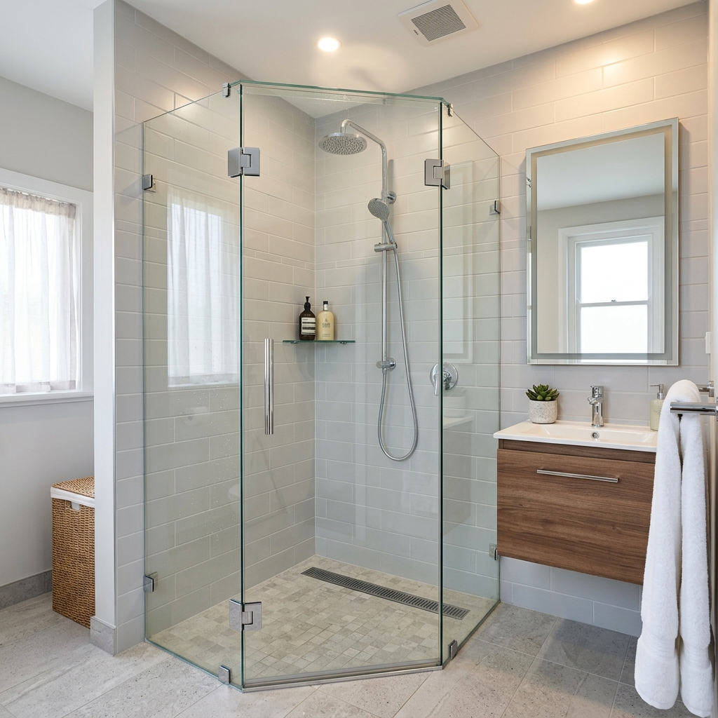 Vách kính nhà tắm 135 độ vát góc tiết kiệm diện tích