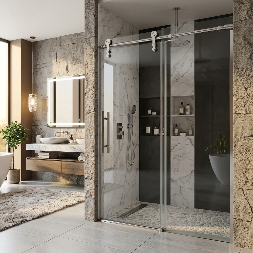 Vách kính nhà tắm cửa lùa 180 độ trượt ray Inox cao cấp