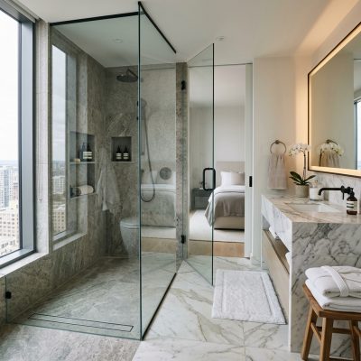Vách kính nhà tắm đẹp hiện đại phân chia khu khô ướt hoàn hảo